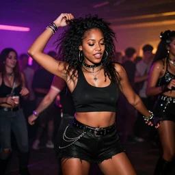 beautiful black emo girl, dancing at a rave, professional photography, 4 k, 8 k, high quality photograph