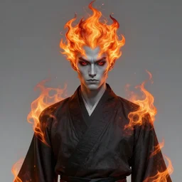 medium-length portrait of a male fire genassi sorcerer with hair made of fire and dark eyes, fire elemental, grey skin, serious expression, wears a dark robe and silver gauntlets, medieval setting, highly detailed, digital painting, artstation, concept art, sharp focus, illustration, art by greg rutkowski and alphonse mucha