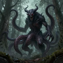 dark demon beast with tentacles in a swedish forest, very low angle photograph, very detailed, trending on artstation, realistic, soft colors, illustration by john bauer, simon stålenhag, horror, creepy