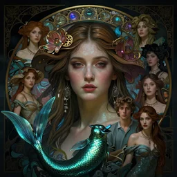 stunning, breathtaking, awe-inspiring award-winning realistic concept art face portrait of mermaid Ashley Liao as a nymph goddess, by Alphonse Mucha, Ayami Kojima, Amano, Charlie Bowater, Karol Bak, Greg Hildebrandt, Jean Delville, and Mark Brooks, Art Nouveau, Neo-Gothic, gothic, rich deep colors, cyberpunk, extremely moody lighting, glowing light and shadow, atmospheric, shadowy, cinematic, 8K