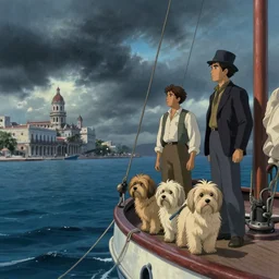 havanese dogs and men looking worried, standing on top of a barquetine sailing boat, stormy skies, 1 9 0 0, looking out to the see, leaving the port at havana, 1 9 0 0, tartakovsky, atey ghailan, goro fujita, studio ghibli, rim light, dark lighting, clear focus, very coherent