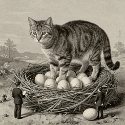 very large cat guarding it's eggs, giant nest.  Tiny business men. strange, photograph, 1850s
