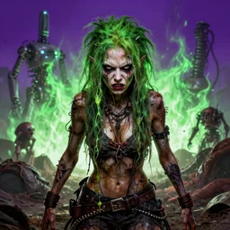 highly detailed portrait of an angry wasteland punk long dripping green poison hair tribal zombie lady, stray wiring by atey ghailan, james gilleard, by joe fenton, by greg rutkowski, by greg tocchini, by kaethe butcher, 4 k resolution, gradient purple, brown black and white color scheme!!! ( ( green flaming robotic sewer background ) )