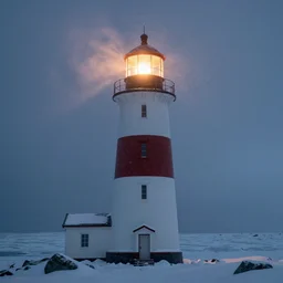 a lighthouse is lit up during a blizzard in a snowy arctic, film still, lens flare, jj abrams