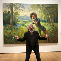 epic photo of old!!!!!!!!!!!!!!!! bob ross in an arg gallery frustrated and angry and yelling!!!!!!!!!!!! at a huge painting of nature!!!!!!!!!! by bob ross, grey hairs, masterpiece, trending on artstation