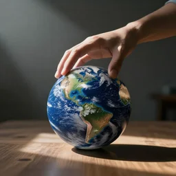 a hand reaching out to pick up the planet earth on a table
