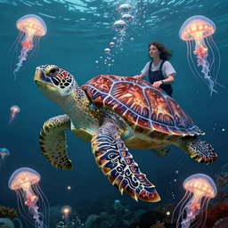 a stunning ultra detailed underwater fantasy fine art photo of a giant turtle in the style of tlingit art, surrounded by glowing jellyfishes, by tomasz alen kopera and anna dittman, water bubbles, very detailed, deep depth of field, 5 0 mm lens, soft lighting, artstation, highly coherent, 8 k