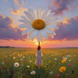 giant daisy flower as crown, full body girl standing in a flower field, surreal photography, sunrise, dramatic light, impressionist painting, colorful clouds, digital painting, artstation, simon stalenhag