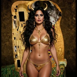 concept art, Salma Hayek wearing a chain main bikini ,  as a demon woman, beautiful, frank frazetta, ornate, art nouveau, symmetrical, gold jewelry, high contrast, unbiased render, Emil melmoth, eerie, haunting, victorian, 8k, octane render, style of Gustav Klimt, head and shoulders