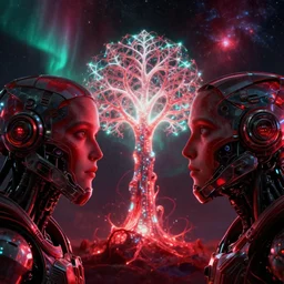 symmetrical extreme closeup portrait mass effect tron transhumance subjective cognitive dissonance neon glowing matrix chrome robot reflection glass astronaut looking at a glowing fractal tree of life, weird, creepy, quiet, red color scheme, andromeda krogan nebula aurora, bioluminance alena aenami artworks in 4 k, moebius!! dan mumford, ralph mcquarrie