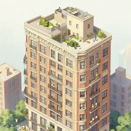 cutaway view of a nyc apartment building with people and pets in style of anime
