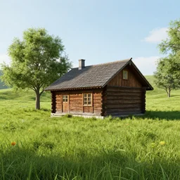 beautiful nature, grass field, wooden cottage, daylight, hyperdetailed, sharp, artstation, 3 d render, ray tracing