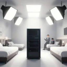 realistic illustration of a room, central perspective, ( ( ( liminal space hotel room whit a big computer server in the center ) ) ), white studio light, volumetric light, artstation, hiroaki samura, jiro matsumoto, o yusuke murata, unreal engine, octane render, sharp focus high quality 8 k