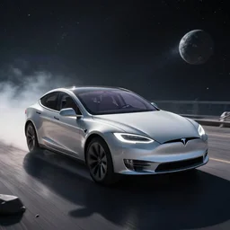 a tesla model s plaid driving in space, real, beautiful
