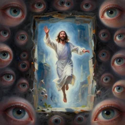 jesus looking into a portal hopping and time warping with reckless abandon, surrounded by eyes, dramatic scene, masterpiece digital painting by Greg Rutkowski, Alex Grey, artstation, 4k wallpaper
