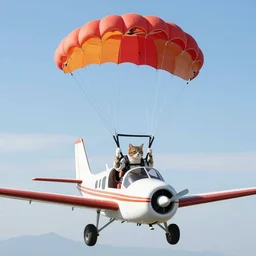 a cat skydiving with parachute while sitting on a small plane