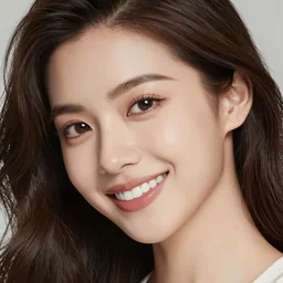 Fine art portrait of the most beautiful woman, she is posing while maintain a sweet eye contact to the camera, she has perfect white teeths, photorealistic, matte painting