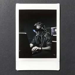 black and white - 3 5 mm polaroid photo - dark photo of a cyberpunk programmer composed of wires, realistic shaded lighting poster by petros afshar and beeple