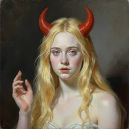 Painting of Elle Fanning summoning the devil, long blonde hair, delicate, pale milky white porcelain skin, by Edward Hopper. Extremely detailed.
