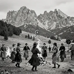 1920s photography Tschäggättä dancing, dolomites in the background, occult signs, witch burning, pyre, solstice fire, alp, dolomites, alpine, detailed intricate insanely detailed octane render, 8k artistic 1920s photography, photorealistic, black and white, chiaroscuro, hd, by David Cronenberg, Raphael, Caravaggio