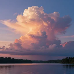 matte painting of massive colorful cumulonimbus clouds over a peaceful lake at dawn, 4k, trending on artstation