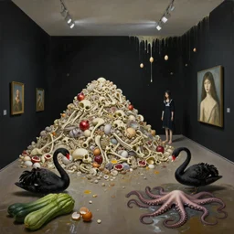 painting of a flooded art gallery room at an art gallery, black walls, a tall emo woman, a massive pile of bones and molluscs, black swans, pomegranates, courgettes, raw eggs dripping down walls, broken egg shells, sensual, octopus tentacles coming from puddles, zen, surrealist, by magritte and monet