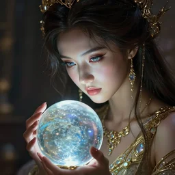 enchanting femenine beautiful woman gazing into a crystyal ball she is holding, hyper attractive, seductive, very complex, hyper - maximalist, overdetailed, legendary cinematic, archetype with timeless beauty breathtaking eyes, highly intricate, realism, perspicious detail, photorealistic, lifelike, dslr 8 k, high coherency, by sakimichan of deviantart