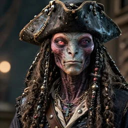 incredibly realistic, too detailed portrait of victorian pirate extraterrestrial, octane render, bump mapping, macro image, global illumination, 8 k, bokeh, xenoblade, d & d, elder scrolls, one piece