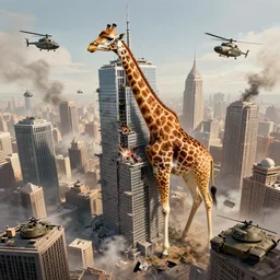 a giraffe destroying skyscrapers in a large city with helicopters and tanks, smoke and destruction, conecpt art, cinematic, highly detailed, ornate, intricate detail, 4K, realistic, octane render, unreal engine