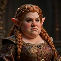 Portrait | chubby female dwarf noblewoman | brocade dress | beautiful elaborated braided hair | style by Larry elmore | dramatic light | high detail | cinematic lighting | artstation | Regal and Proud robust woman| bold serious expression | dungeons and dragons |