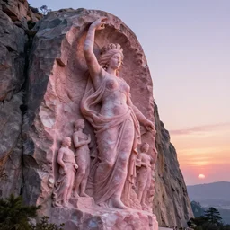 an ultradetailed colossal magnificent sculpture of a woman made of pink quartz carved into the side of a massive mountain, fine detail, sunrise on the horizon in the background, stone hand raised up, 8 k, art by greg rutkowski and alphonse mucha and andreas rocha and albert bierstadt