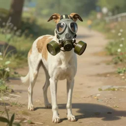 intelligent white brown greyhound wearing gas mask, natural lighting, path traced, highly detailed, high quality, digital painting, by don bluth and ross tran and studio ghibli and alphonse mucha, artgerm