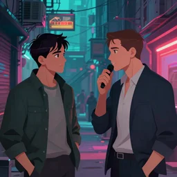 two businessman talking, detailed digital illustration by greg rutkowski, cyberpunk back alley, nighttime, colorful lighting