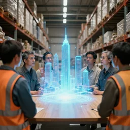 people in a warehouse looking at a hologram of futuristic city on a table