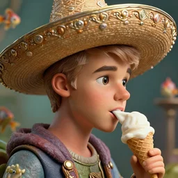highly detailed closeup, face profile portrait of justin bieber as a tin toy fairy - tale wizard wearing a sombrero eating ice cream, unreal engine, nicoletta ceccoli, mark ryden, earl norem, lostfish, global illumination, detailed and intricate environment