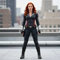 phil noto, pretty scarlett johansson black widow, symmetrical eyes, long red hair, full body, city rooftop