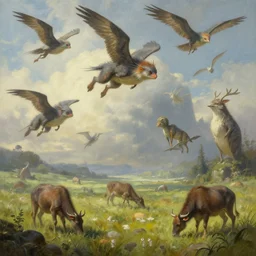 a fantastical world made by adrian smith, unknown creatures flying through the air as other unknown animals grazed the grass below, highly detailed, digital painting, concept art, illustration, painting