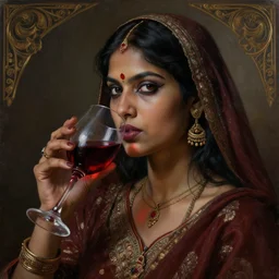 portrait painting of a dark nepali female drinking red wine, ultra realistic, concept art, intricate details, eerie, highly detailed, photorealistic, octane render, 8 k, unreal engine. art by artgerm and greg rutkowski and alphonse mucha