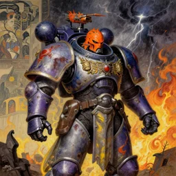 composition of gothic and futuristic, warhammer, cyber armor, more and more scars, thunderstorm, fire, orange head, some purple, yellow and blue, the middle ages, highly detailed, artstation, in the style of moebius, jugendstil and classic japanese print, art by michael margetts, david myers