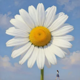 giant daisy flower head, woman walking, surreal, clouds in sky, impressionist painting, digital painting, artstation, rob gonsalves