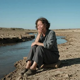 65-year-old Gaia crying unemotionally as she sits on a dried up river in a desolate land, blue sky, hot and sunny, highly-detailed, elegant, dramatic lighting, artstation, 4k, cinematic landscape, photograph by Elisabeth Gadd