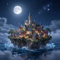 island town, the stars shine in the starry sky, bright moon, waves, sparkling sea, clouds and fog, whimsical, detailed, volumetric lights, intricate details, raytracing, great complexity, cinematic, film, 8 k, octane render by ivan aivazovsky and noah bradley
