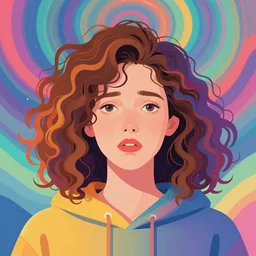 a colorful vibrant closeup portrait of a simple caucasian woman with curly mid length brown hair with a calm afraid aesthetic face hoodie dreamy dreamy vibes and dreaming psychedelic hair, by kawase hasui, moebius, edward hopper and james gilleard, zdzislaw beksinski, steven outram colorful flat surreal design, hd, 8 k, artstation
