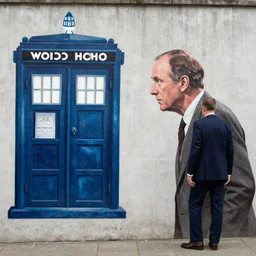 mural of detective columbo staring down doctor who, concrete wall
