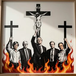 politicians holding catholic crosses, flames, stencil art by shag, tom whalen, artgerm, clean bold lines