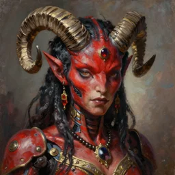 painted close - up portrait of a very attractive red - skinned intimidating demon robot humanoid girl with ram horns! oil painting, wearing a noblewoman's outfit, fantasy art by john singer sargent and gaston bussiere and james jean and greg rutkowski, demon noble character design, hd
