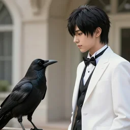 Beastars' Louis wearing a white formal coat conversing with a crow, hyperrealistic, concept art, octane render, trending on DeviantArt, highly detailed, high quality, 8K, soft lighting, cute, natural lighting, anime face, trending on Artstation, e621, elegant clothes, profile picture, path traced, house background