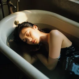 film still portrait of beautiful woman sleeping in black water, magic hour, old victorian bathtub, god rays,