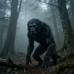a Wendigo lurking in the forest, foggy, overcast day, moody, dark, mysterious grainy