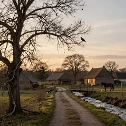 Withered vines, and old trees, stands a sleepy crow. a small bridge, several cottages, with a stream flow. An ancient path, a lean horse, and west wind blow. the setting sun is downward going. Afar the heart-broken is roaming